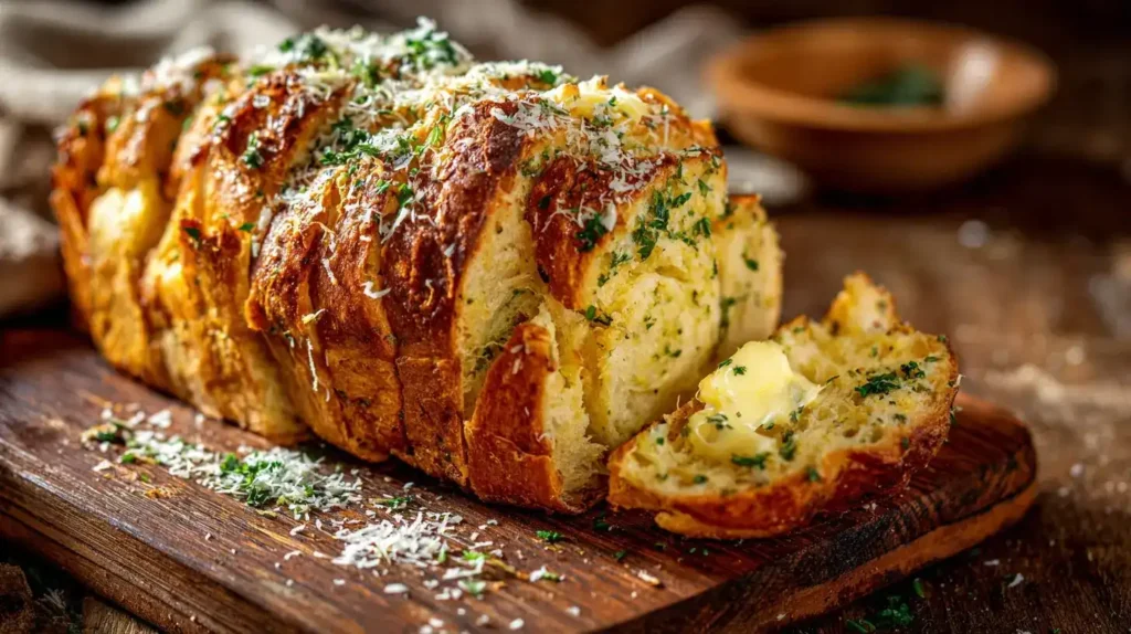 Frisches Zupfbrot mit Kräuterbutter und Parmesan auf einem Holzbrett