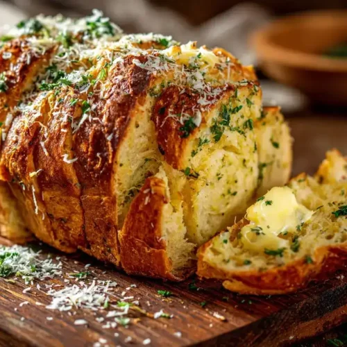 Frisches Zupfbrot mit Kräuterbutter und Parmesan auf einem Holzbrett