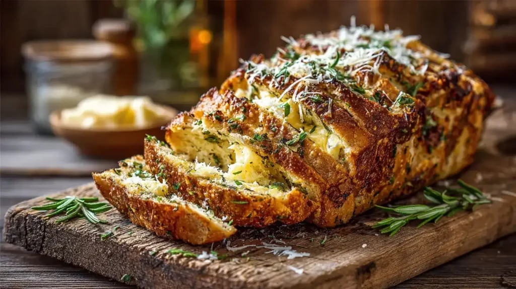 Zupfbrot mit Kräuterbutter in der Mitte, umgeben von Petersilie, Butter und Parmesan
