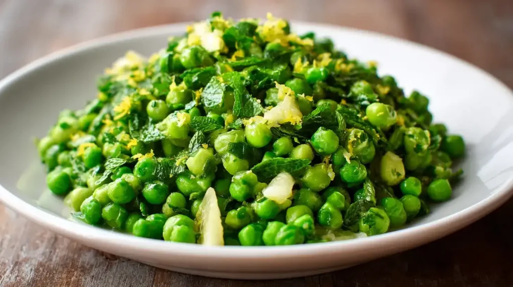 Erbsensalat mit Minze und Zitrone in weißer Schüssel, frisch und farbenfroh
