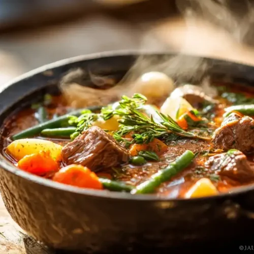 Bohneneintopf mit grünen Bohnen, Rindfleisch und Kartoffeln in rustikalem Suppentopf serviert