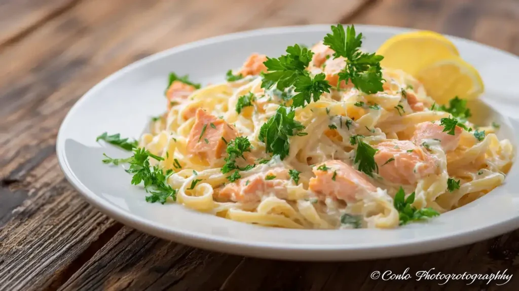 Nudeln mit Lachs-Sahne-Soße Nudeln mit Lachs-Sahne-Soße serviert auf Teller mit frischer Petersilie