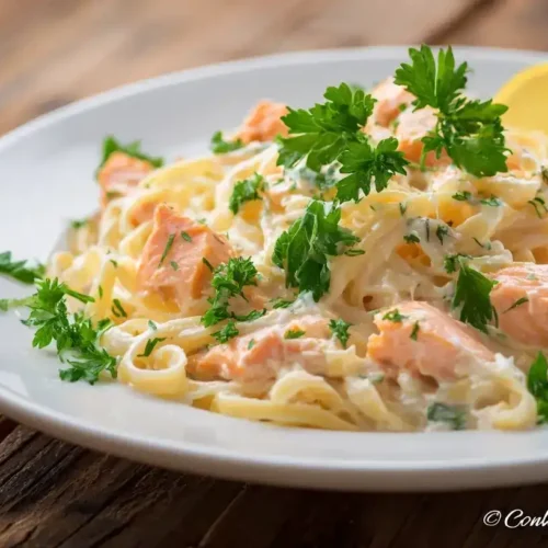 Nudeln mit Lachs-Sahne-Soße serviert auf Teller mit frischer Petersilie