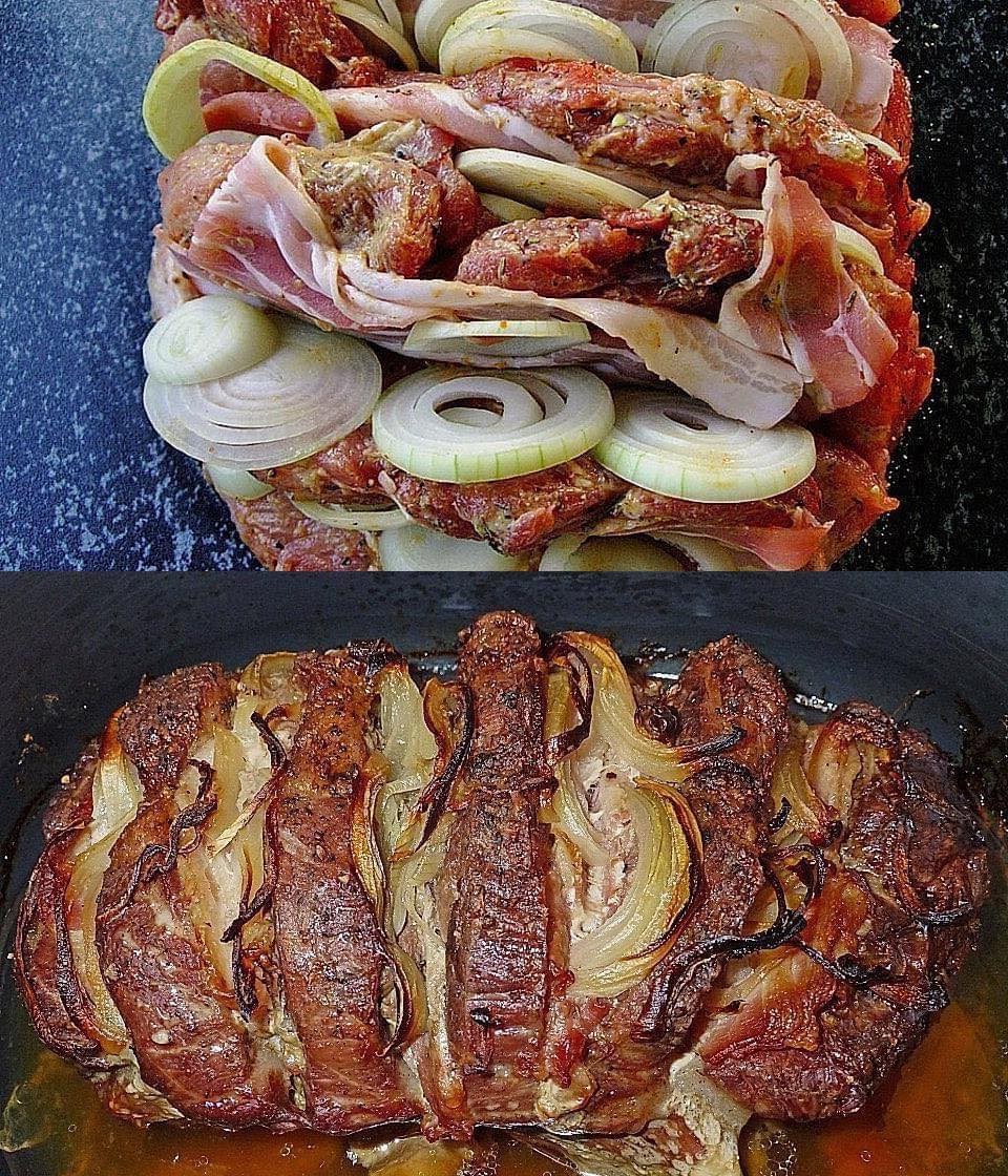 Gefüllter Nackenbraten, ein “Männerrezept” mit viel Fleisch und Zwiebeln!