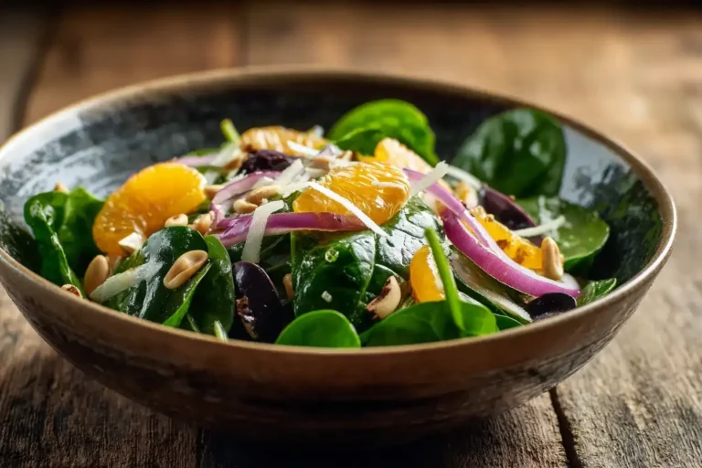 Frischer Spinatsalat mit Orange, Oliven &amp; Parmesan