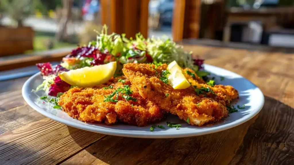 Frisch gebratene Hähnchenschnitzel mit Cornflakes-Panade in Pfanne