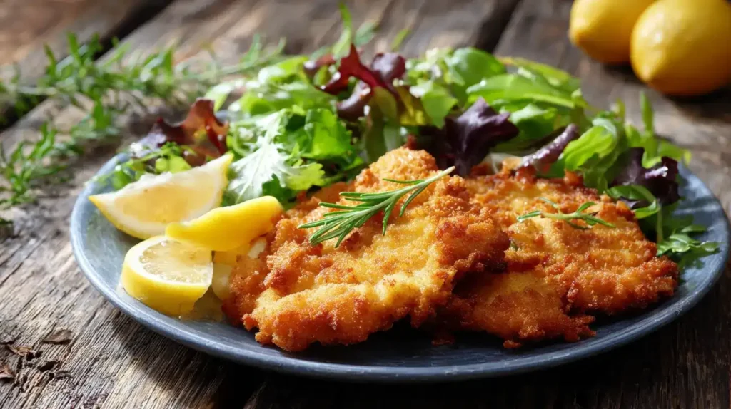Knusprige Hähnchenschnitzel mit Cornflakes-Panade auf Teller serviert