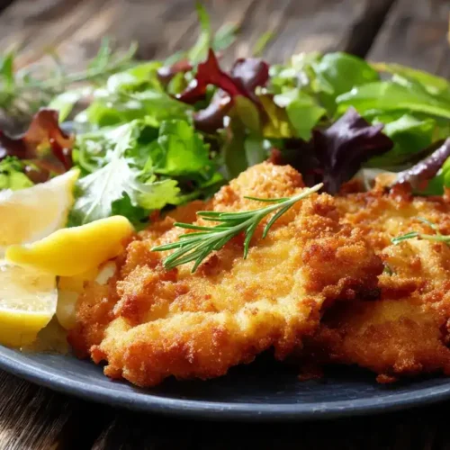 Knusprige Hähnchenschnitzel mit Cornflakes-Panade auf Teller serviert