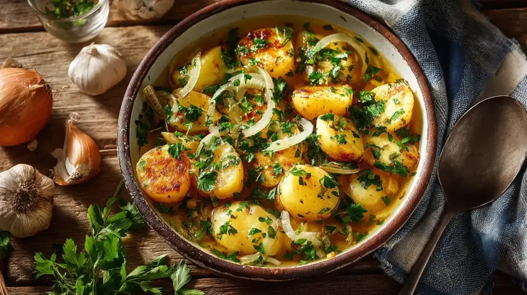 Kartoffelsalat mit Brühe als Beilage zum Grillen serviert