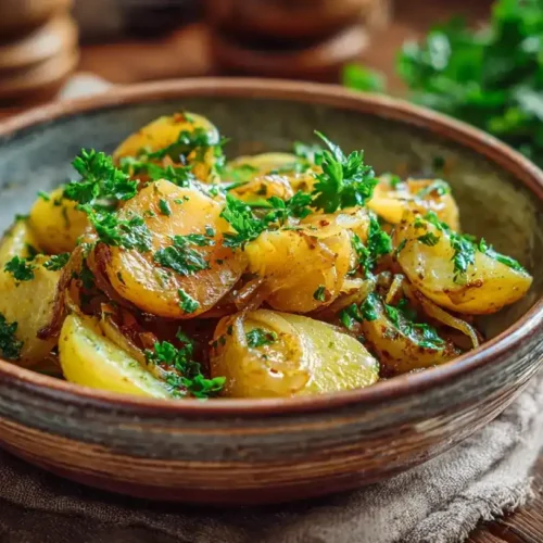 Kartoffelsalat mit Brühe in Schüssel, nach Omas Rezept