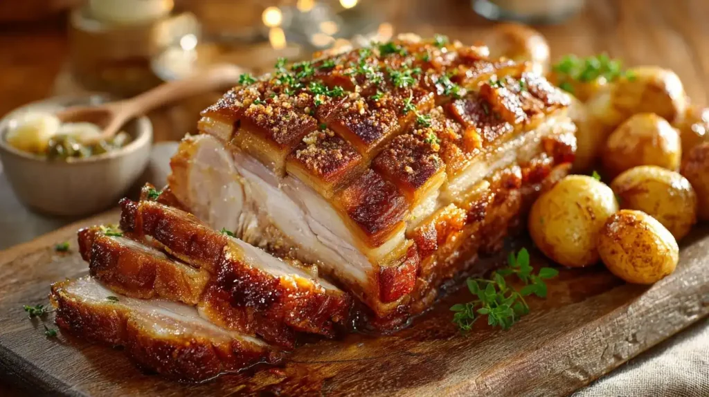 Krustenbraten mit knuspriger Schwarte und Kartoffelknödeln