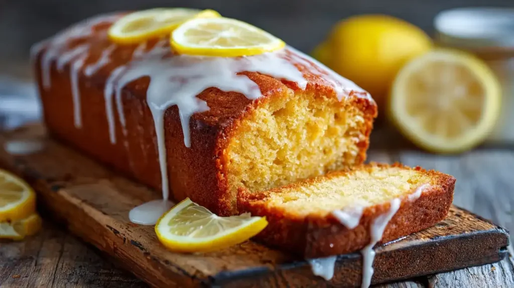 Saftiger Zitronenkuchen wie von Oma mit Zitronenglasur auf rustikalem Holztisch