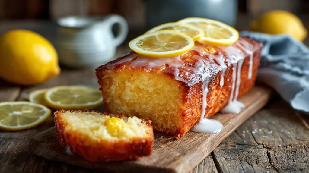 Frisch geschnittener saftiger Zitronenkuchen wie von Oma, serviert mit Zitronenscheiben