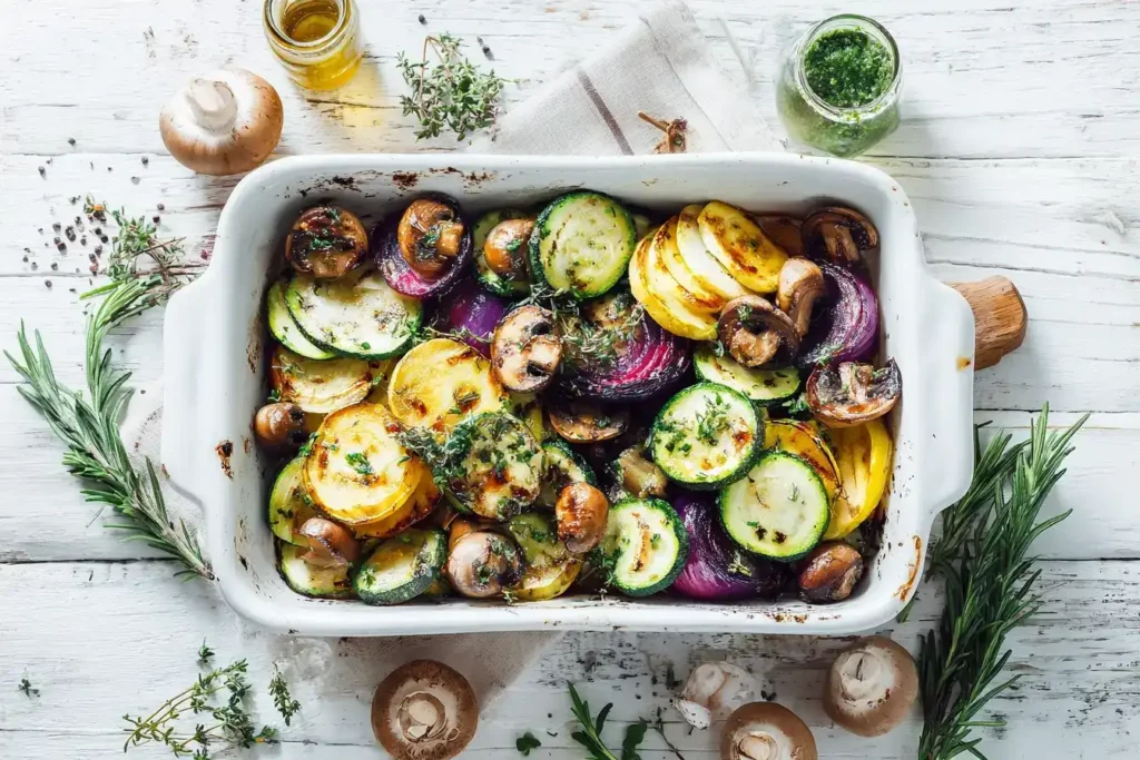 Antipasti aus frischem Gemüse – Mediterraner Genuss aus dem Ofen Antipasti aus frischem Gemüse mit Paprika, Zucchini und Aubergine als Zutaten