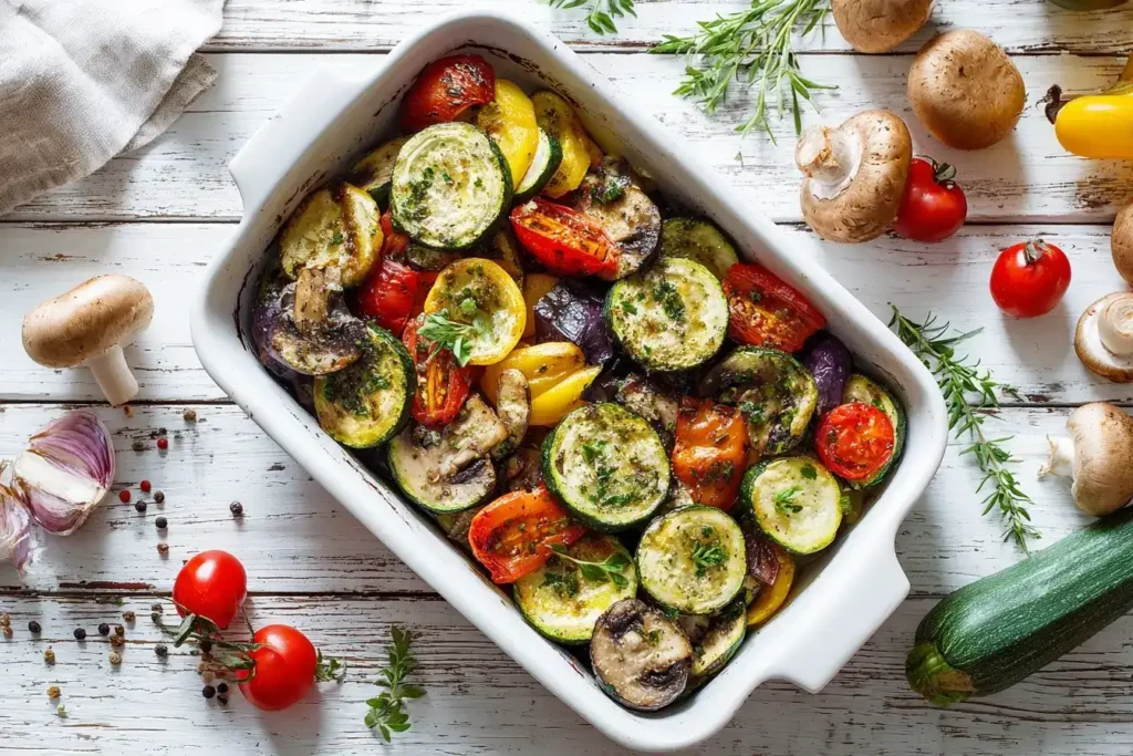 Antipasti aus frischem Gemüse auf Teller mit mediterranen Kräutern