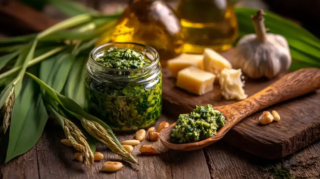 Glas mit cremigem Bärlauchpesto auf Holztisch, umgeben von frischem Bärlauch, Pinienkernen und Parmesan.