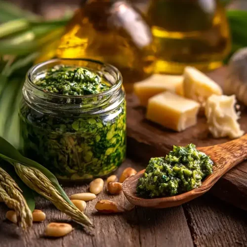 Glas mit cremigem Bärlauchpesto auf Holztisch, umgeben von frischem Bärlauch, Pinienkernen und Parmesan.