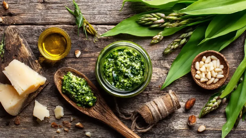 Nudeln mit frischem Bärlauchpesto, garniert mit Pinienkernen und Parmesan.