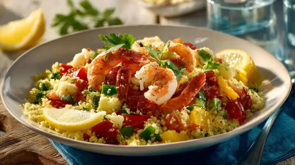 Blumenkohl-Couscous mit Garnelen Blumenkohl-Couscous mit Garnelen, frische Kräuter und Zitronenscheiben