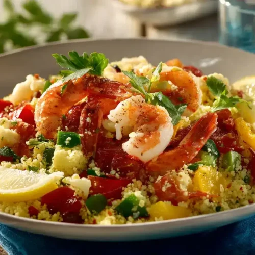 Blumenkohl-Couscous mit Garnelen, frische Kräuter und Zitronenscheiben