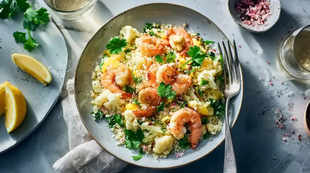 Blumenkohl-Couscous mit Garnelen Rezept in der Mitte, Garnelen, Blumenkohl und Koriander umgeben
