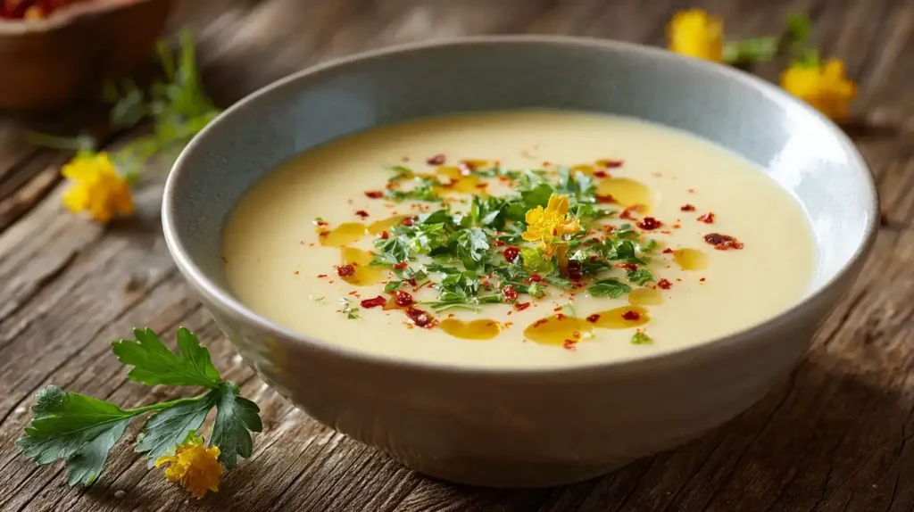 Cremige Blumenkohlsuppe in weißer Schale mit Petersilie garniert
