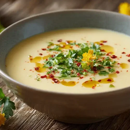 Cremige Blumenkohlsuppe in weißer Schale mit Petersilie garniert