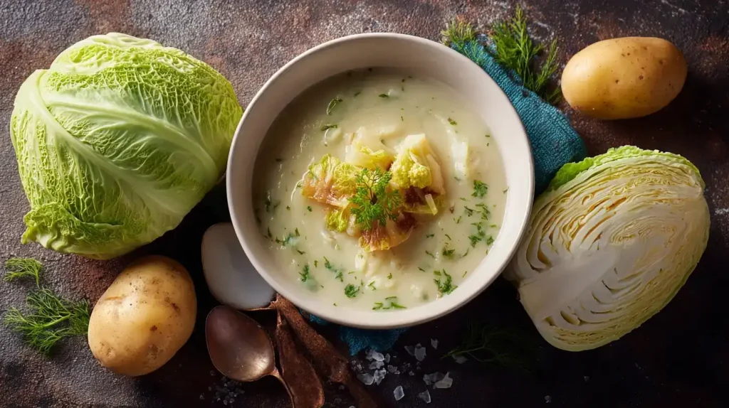 Blumenkohlsuppe mit Blumenkohl, Kartoffeln und Sahne angerichte