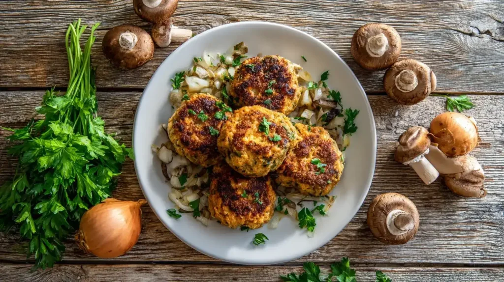 Champignon Frikadellen mit frischen Pilzen, Zwiebeln und Petersilie auf rustikalem Holztisch