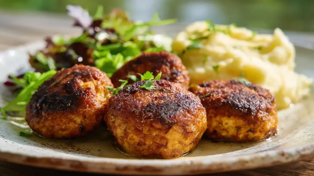 Champignon Frikadellen – vegetarische Bratlinge auf Teller, außen knusprig und goldbraun gebraten