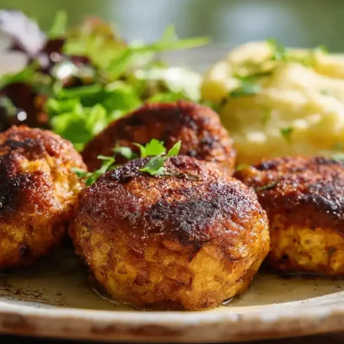 Champignon Frikadellen – vegetarische Bratlinge auf Teller, außen knusprig und goldbraun gebraten