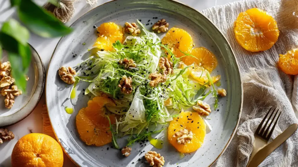 Frischer Chicorée-Salat mit Orangenschnitzen und Walnüssen
