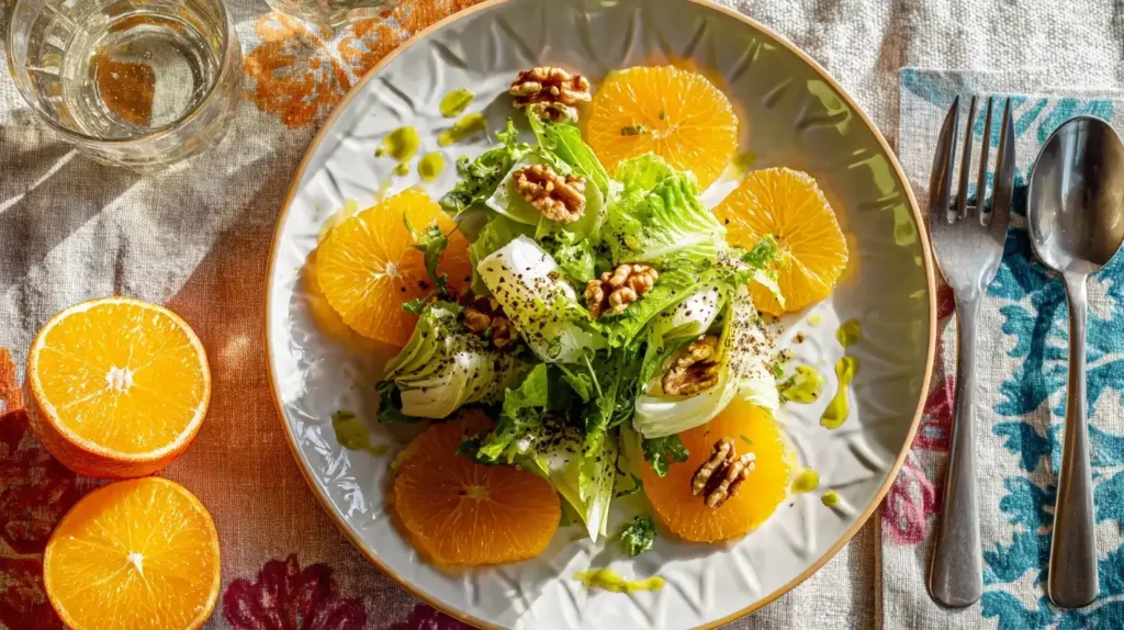 Servierter Chicorée-Salat mit Orangen, Walnüssen und Dressing