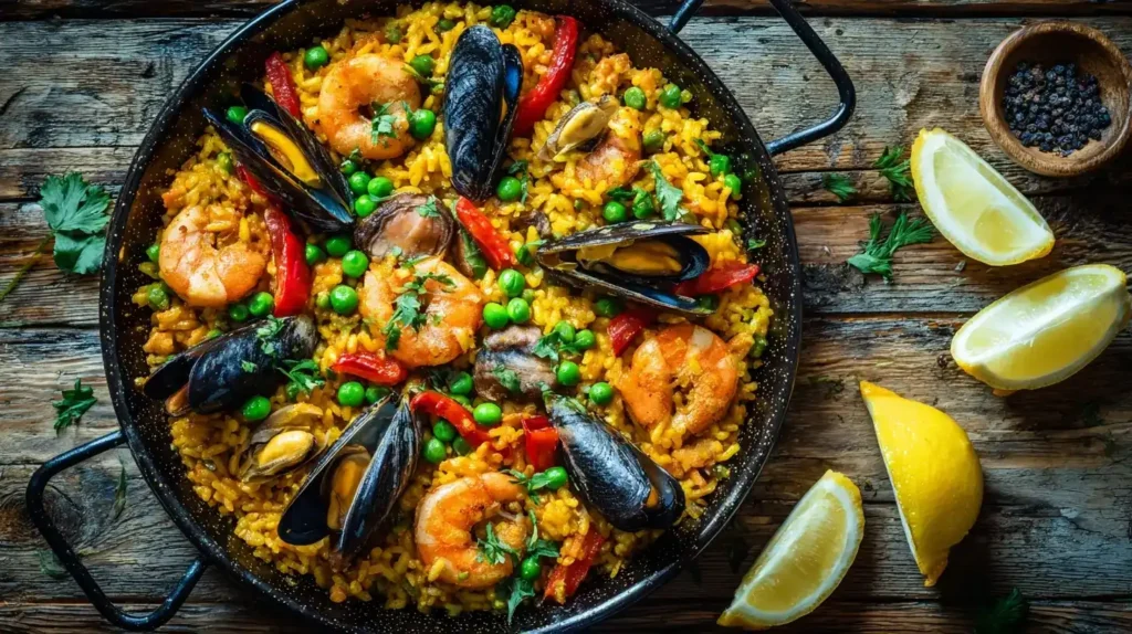 Spanische Paella mit Hähnchen, Meeresfrüchten, Erbsen und Paprika auf rustikalem Holztisch.