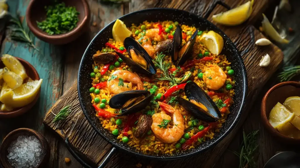 Einfache Paella mit Hähnchen und Meeresfrüchten in Pfanne mit Safranreis, Garnelen und Zitrone serviert.