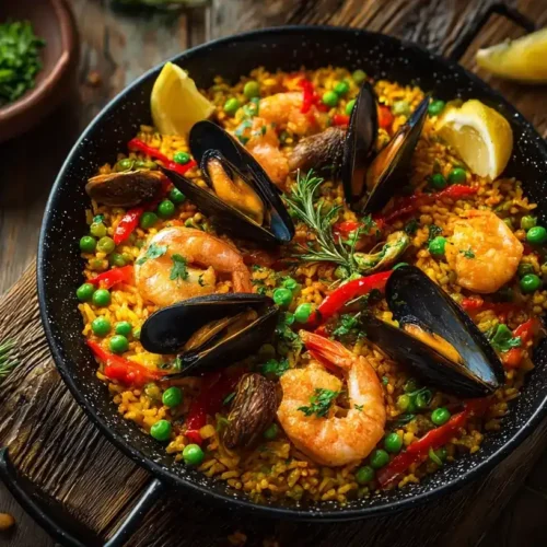 Einfache Paella mit Hähnchen und Meeresfrüchten in Pfanne mit Safranreis, Garnelen und Zitrone serviert.