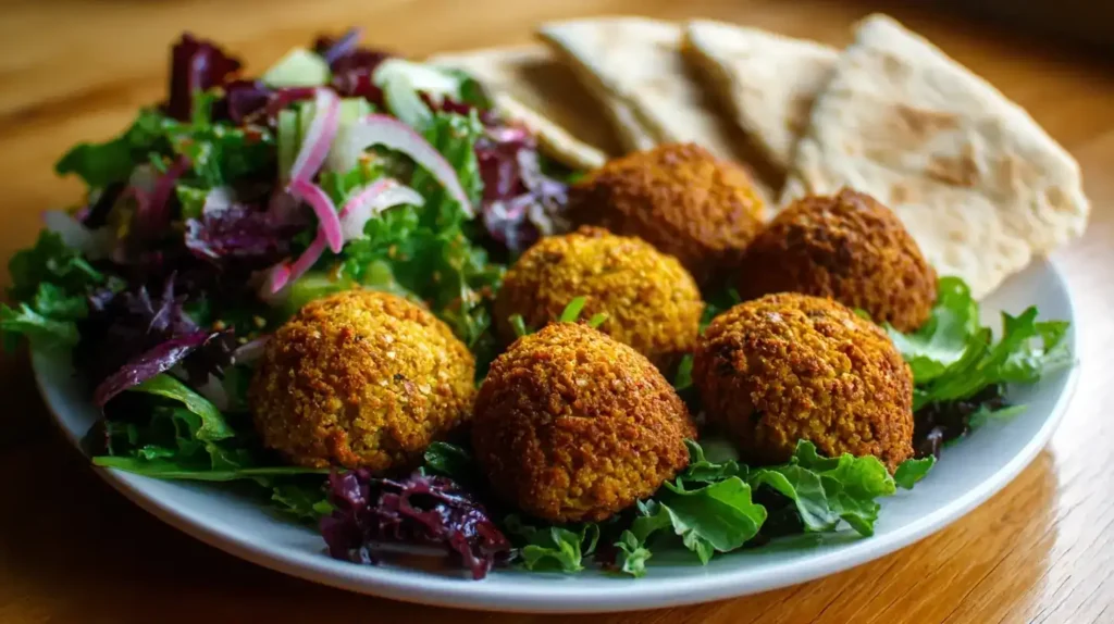 Knusprige Falafel auf Teller mit frischem Salat und Fladenbrot