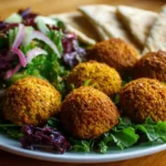 Knusprige Falafel auf Teller mit frischem Salat und Fladenbrot