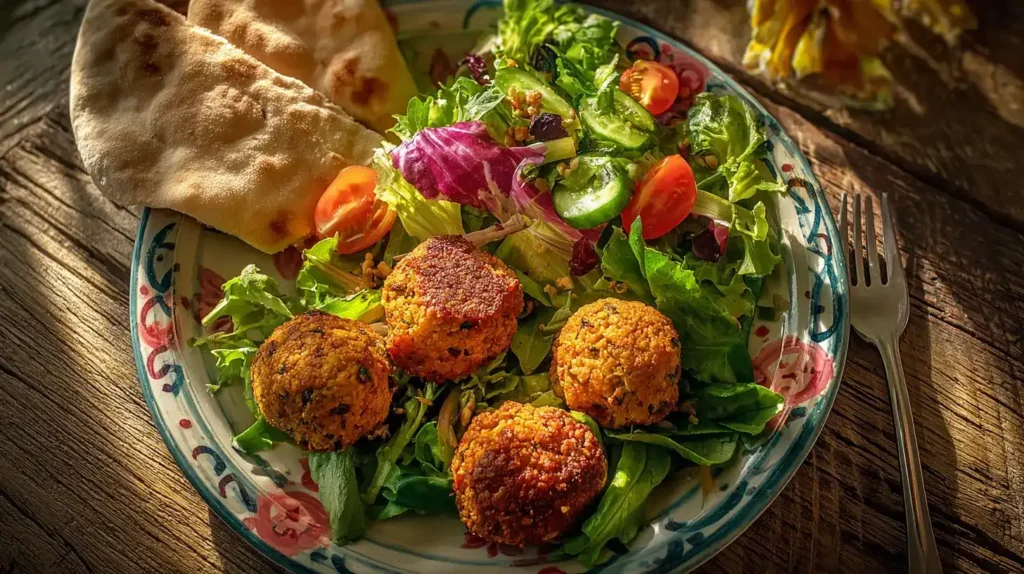 Falafel mit Kichererbsen, Kräutern, Zwiebeln und Gewürzen, schön angerichtet