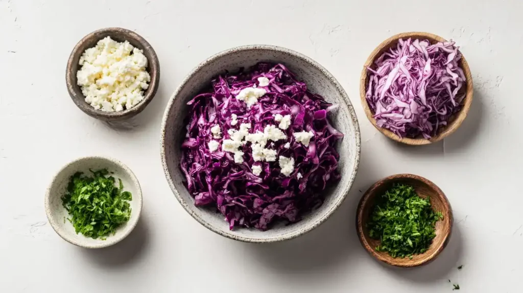 Frischer Rotkohlsalat mit Schafskäse und Zitronen-Dressing