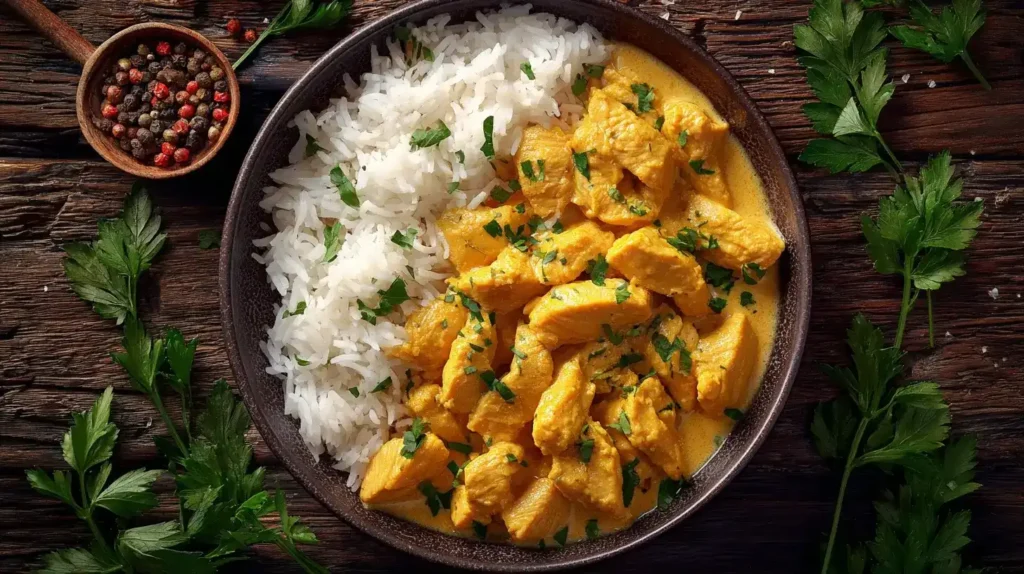 Hähnchen Curry Geschnetzeltes – cremig, aromatisch & einfach köstlich! Hähnchen Curry Geschnetzeltes serviert mit Reis, cremige Currysauce