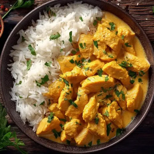 Hähnchen Curry Geschnetzeltes serviert mit Reis, cremige Currysauce