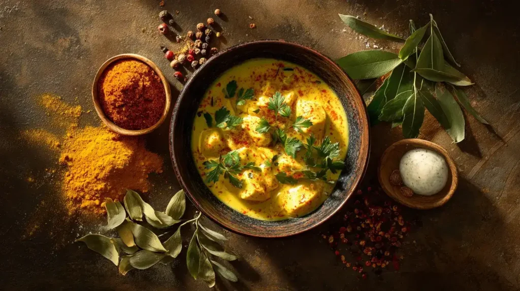 Frisches Hähnchen, Zwiebel, Currypulver und Sahne für Hähnchen Curry Geschnetzeltes