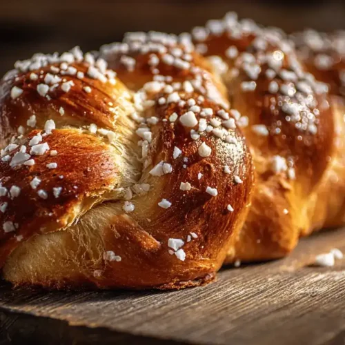 Frisch gebackener Hefezopf mit Hagelzucker, goldbraun und fluffig, auf Holzbrett serviert