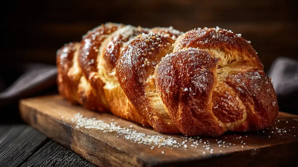 Geschnittene Stücke Hefezopf mit Butter und Marmelade, Frühstückstisch, gemütlich angerichtet