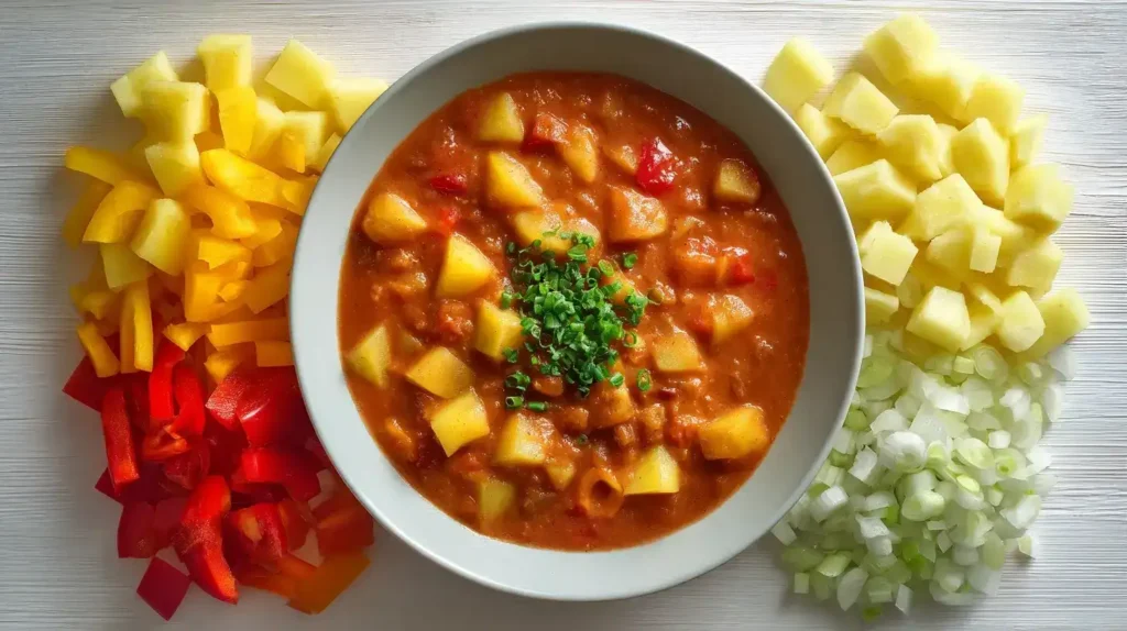 Nahaufnahme von cremigem vegetarischem Kartoffelgulasch mit Paprika