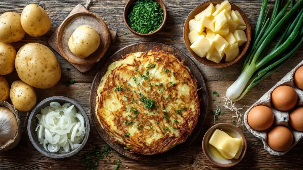 Klassische Kartoffelrösti in der Mitte mit rohen Kartoffeln, Zwiebeln und Eiern drumherum