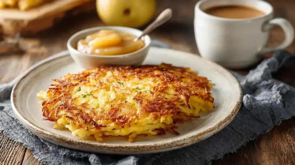 Klassische Kartoffelrösti – Knusprig, Herzhaft & Einfach Hausgemacht Klassische Kartoffelrösti goldbraun und knusprig auf einem Teller mit Apfelmus serviert