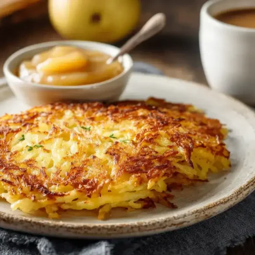 Klassische Kartoffelrösti goldbraun und knusprig auf einem Teller mit Apfelmus serviert