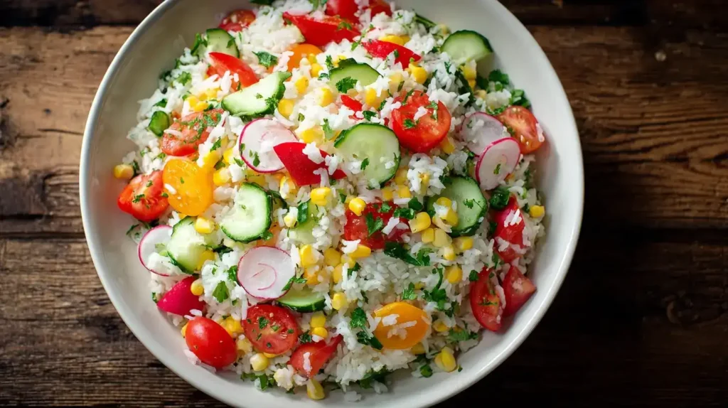 Klassischer Reissalat mit frischem Gemüse in einer Servierschüssel